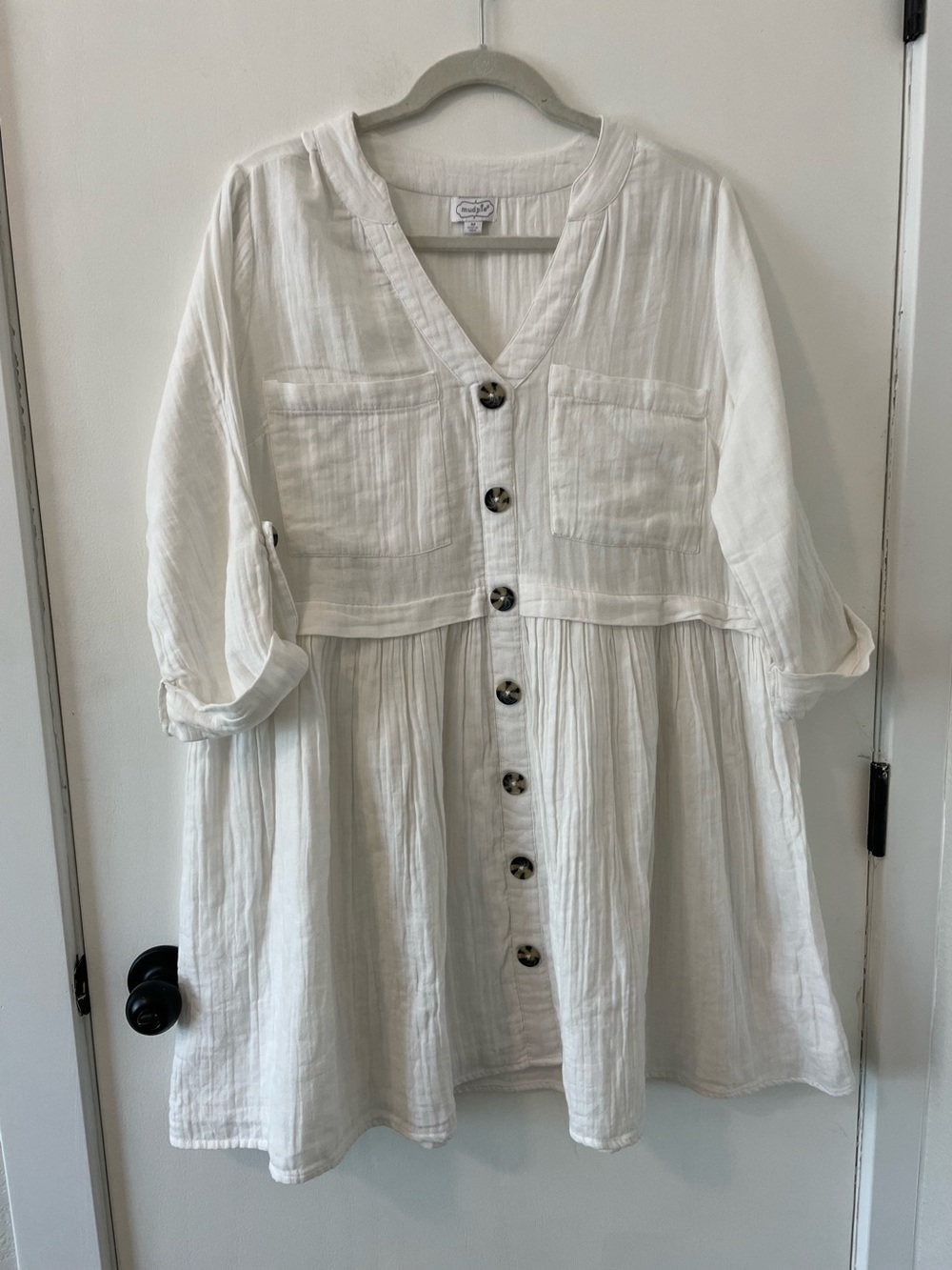 Mudpie Addison White Dress Medium Swing Hem V-Neck Button Down Cottage Core